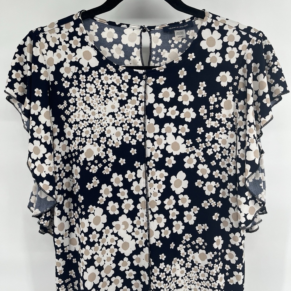 Tommy Hilfiger Women's Size Small Navy Flutter Sleeved Blouse Floral Print Top